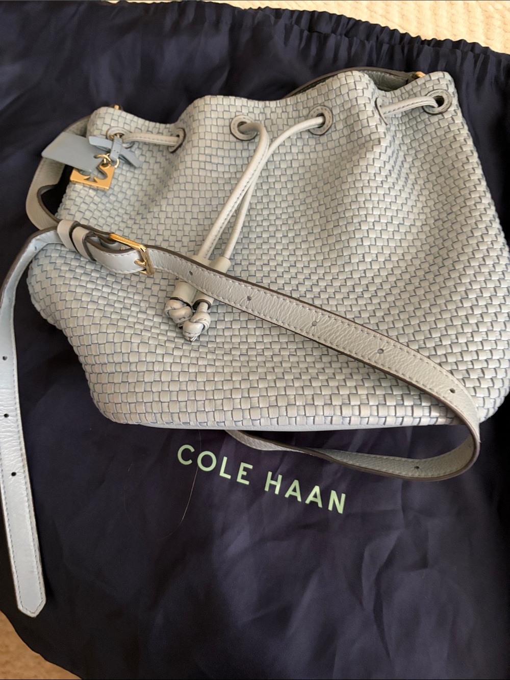 Cole Haan Light Gray Woven Leather Drawstring Shoulder Bag adjustable strap
